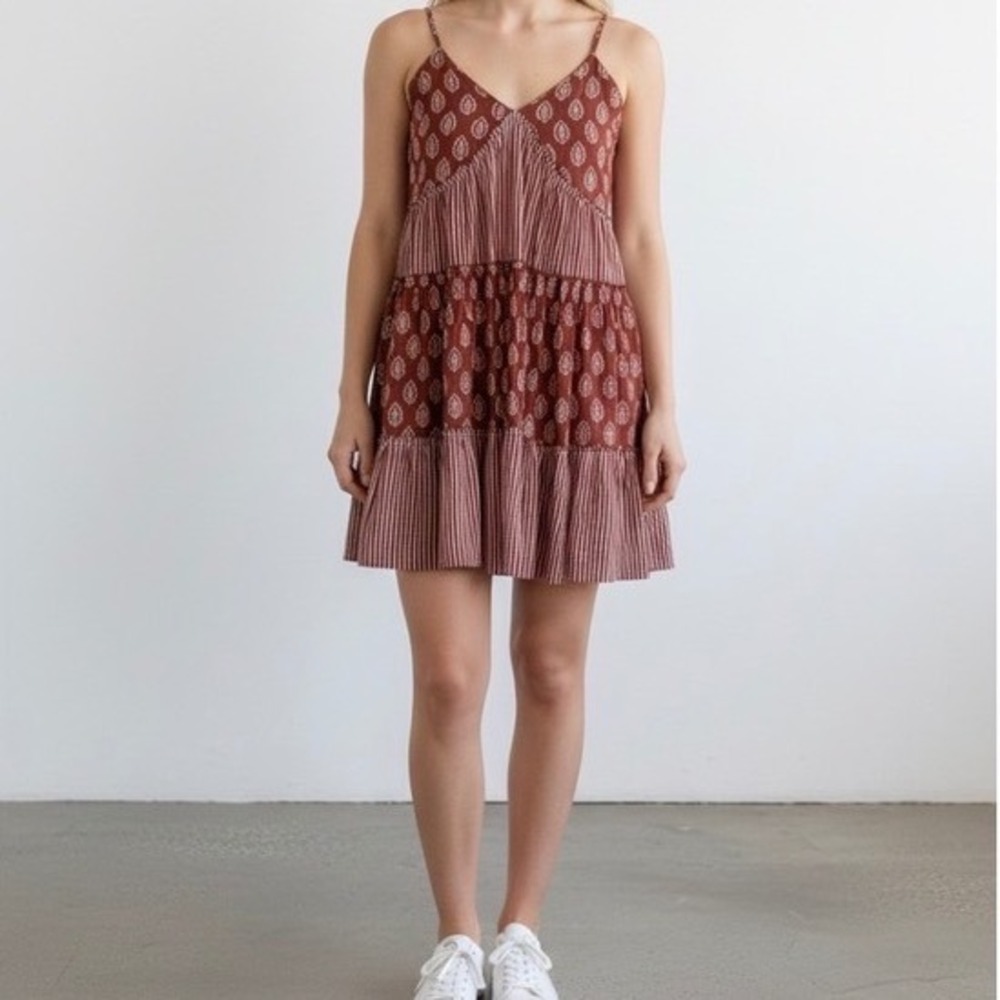 Talisman Babydoll Mini Dress Rust Brown Tiered size Medium‎
